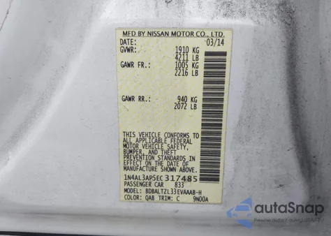 2014 Nissan Altima 2.5 Sv from USA, damaged, VIN 1N4AL3AP5EC317485
